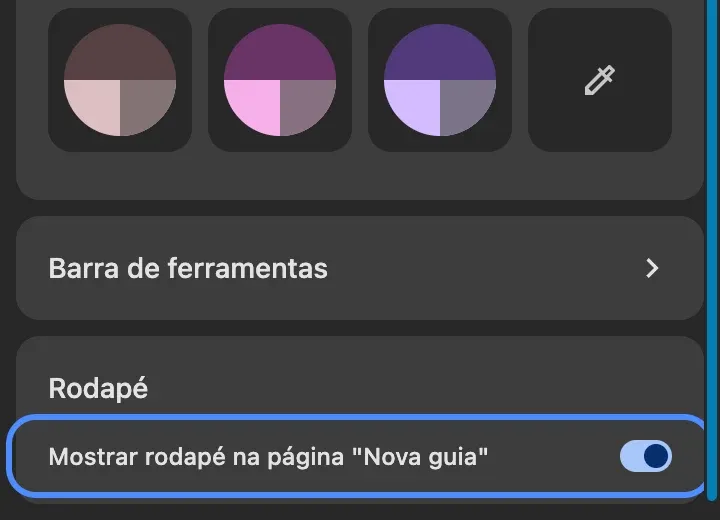 A parte de baixo do painel Personalizar o Chrome: a seção Rodapé e a opção Mostrar rodapé na página “Nova guia”, circulada.