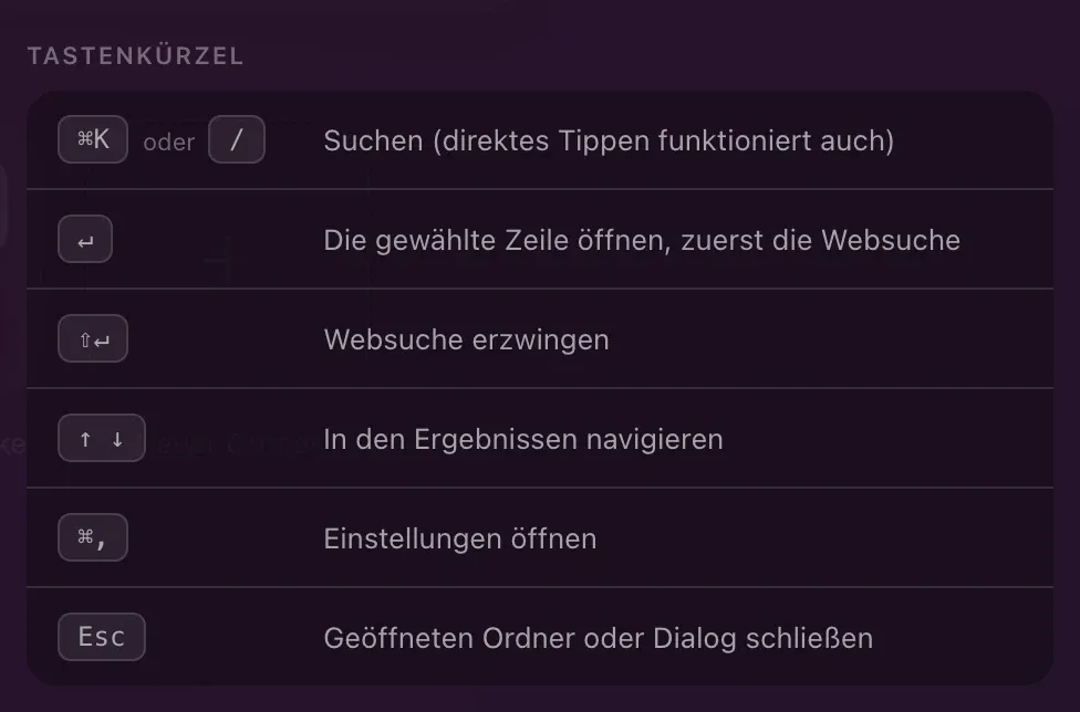 Die Tastenkürzel von Hoome in den Einstellungen: suchen, die gewählte Zeile öffnen, Websuche erzwingen, in den Ergebnissen navigieren, Einstellungen öffnen, geöffneten Ordner oder Dialog schließen.