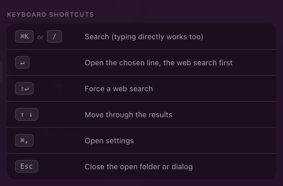 Hoome’s keyboard shortcuts, in its settings: search, open the chosen line, force a web search, move through the results, open settings, close the open folder or dialog.