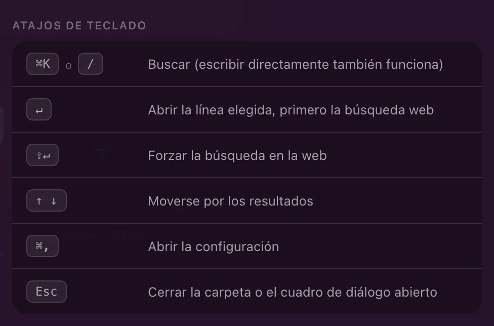 Los atajos de teclado de Hoome, en su configuración: buscar, abrir la línea elegida, forzar la búsqueda en la web, moverse por los resultados, abrir la configuración, cerrar la carpeta o el cuadro de diálogo abierto.
