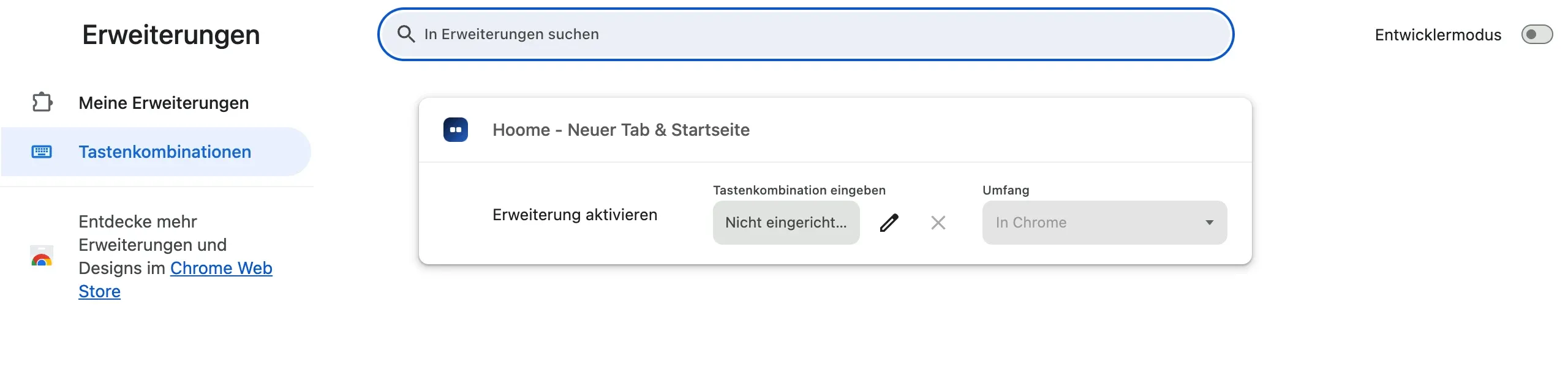 Die Seite Tastenkombinationen der Chrome-Erweiterungen: für die Erweiterung Hoome die Aktion Erweiterung aktivieren, ihr Feld Tastenkombination eingeben, noch nicht eingerichtet, und ihr Umfang, In Chrome.