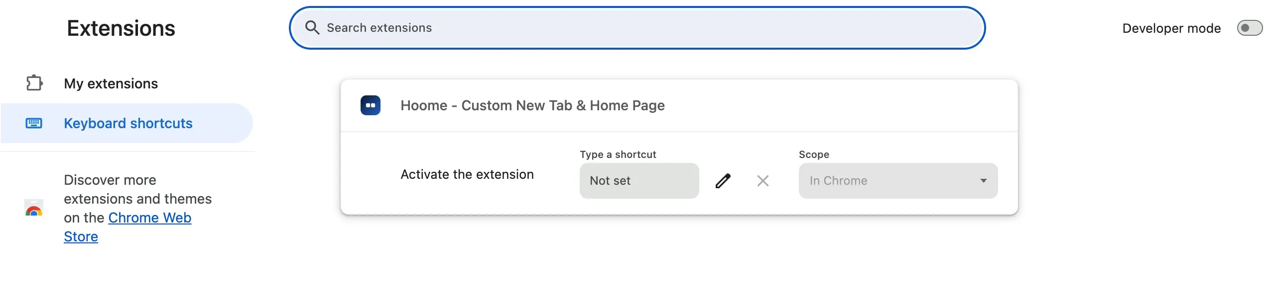 Chrome’s Keyboard shortcuts page for extensions: for the Hoome extension, the Activate the extension action, its shortcut field still showing Not set, and its scope, In Chrome.