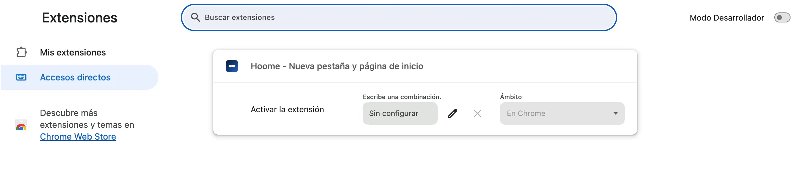 La página Accesos directos de las extensiones de Chrome: para la extensión Hoome, la acción Activar la extensión, con su atajo todavía sin configurar, y su ámbito, En Chrome.