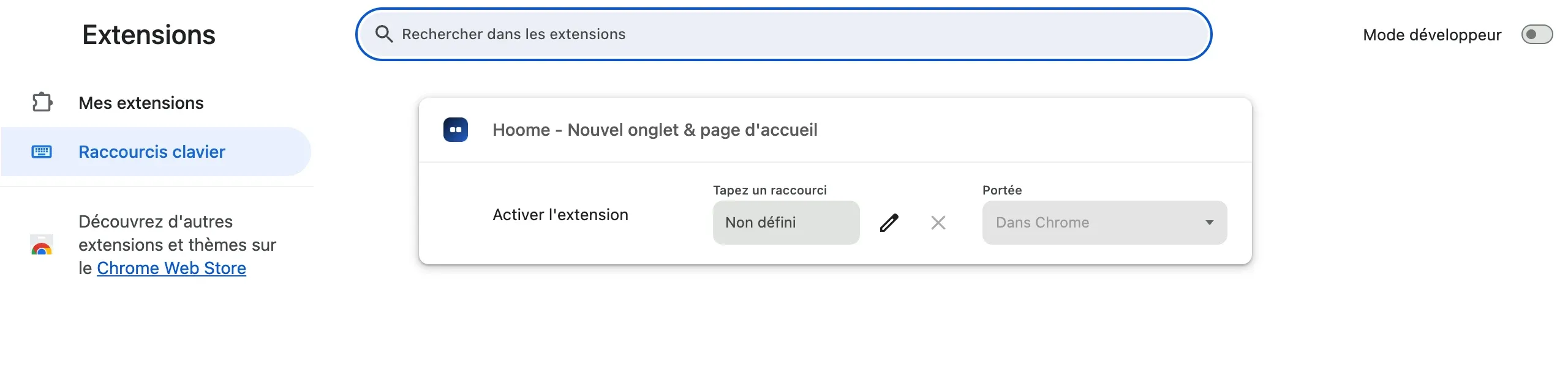 La page des raccourcis clavier des extensions de Chrome : pour l’extension Hoome, l’action Activer l’extension, son champ de raccourci encore non défini, et sa portée, dans Chrome.