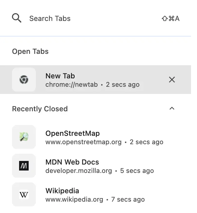Chrome’s tab search: the “Search Tabs” field, the “Open Tabs” list, then the “Recently Closed” section with OpenStreetMap, MDN Web Docs and Wikipedia, each with its address and how long ago it was closed.