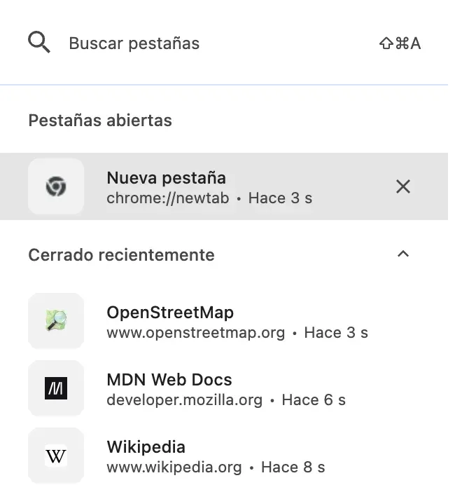 La búsqueda de pestañas de Chrome: el campo «Buscar pestañas», la lista «Pestañas abiertas» y la sección «Cerrado recientemente» con OpenStreetMap, MDN Web Docs y Wikipedia, cada una con su dirección y el tiempo transcurrido desde que se cerró.