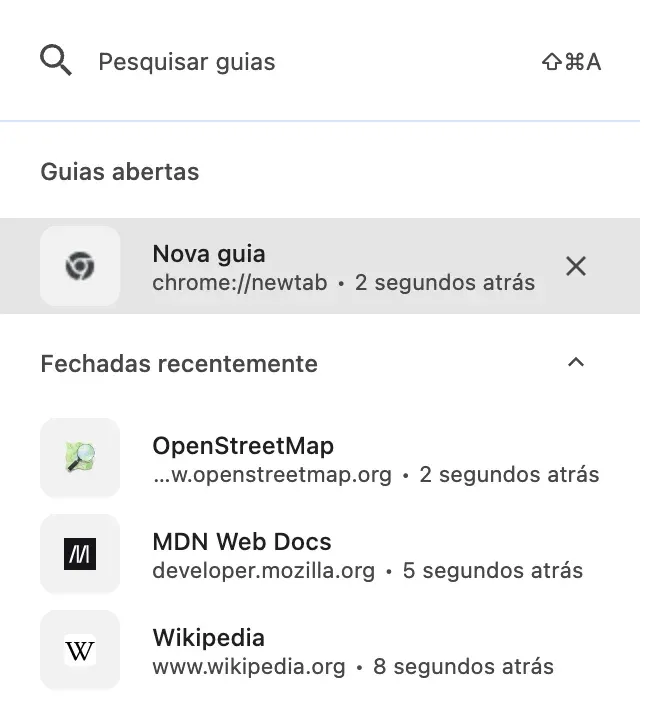 A pesquisa de guias do Chrome: o campo “Pesquisar guias”, a lista “Guias abertas” e depois a seção “Fechadas recentemente” com OpenStreetMap, MDN Web Docs e Wikipedia, cada uma com o endereço e o tempo passado desde o fechamento.