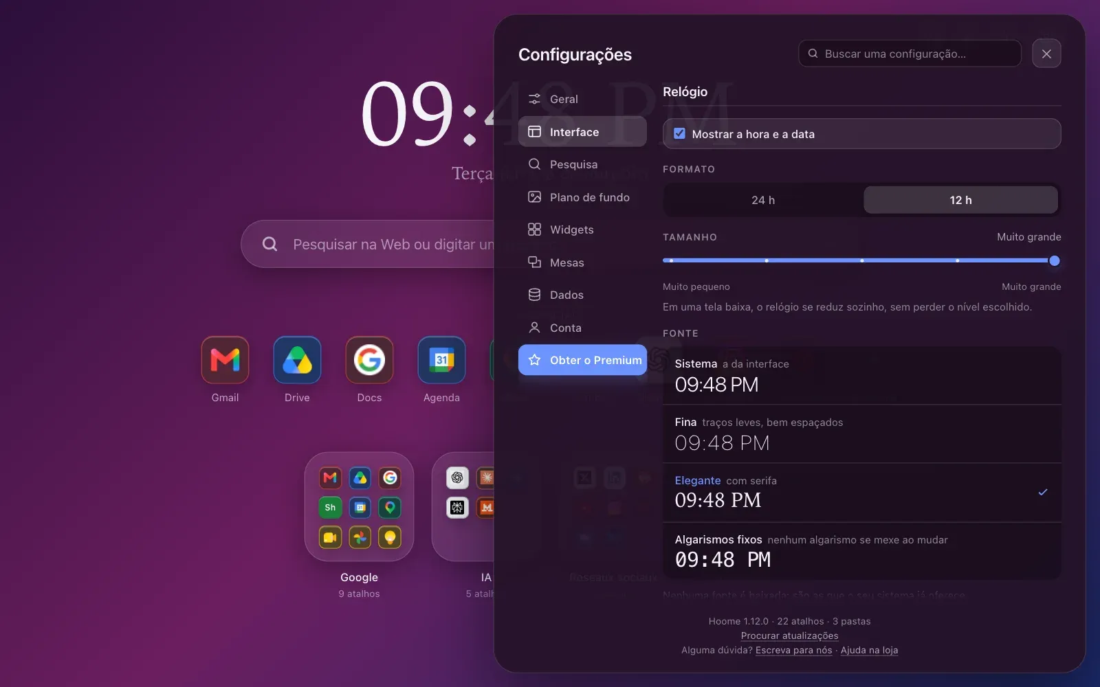 Configurações, seção Interface, bloco Relógio: a caixa “Mostrar a hora e a data” marcada, o formato em 12 h, o tamanho em “Muito grande”, e as quatro fontes, cada uma com a sua prévia, “Elegante” escolhida.