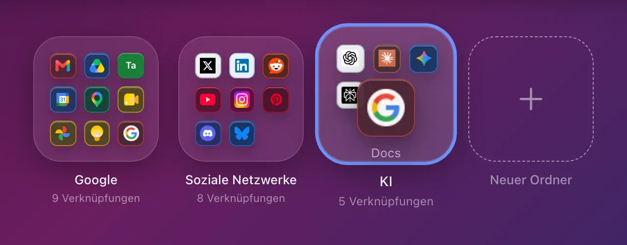 Die Verknüpfung Docs, aus dem Ordner Google gezogen, noch in der Hand, über dem Ordner KI, der aufleuchtet, um sie aufzunehmen.