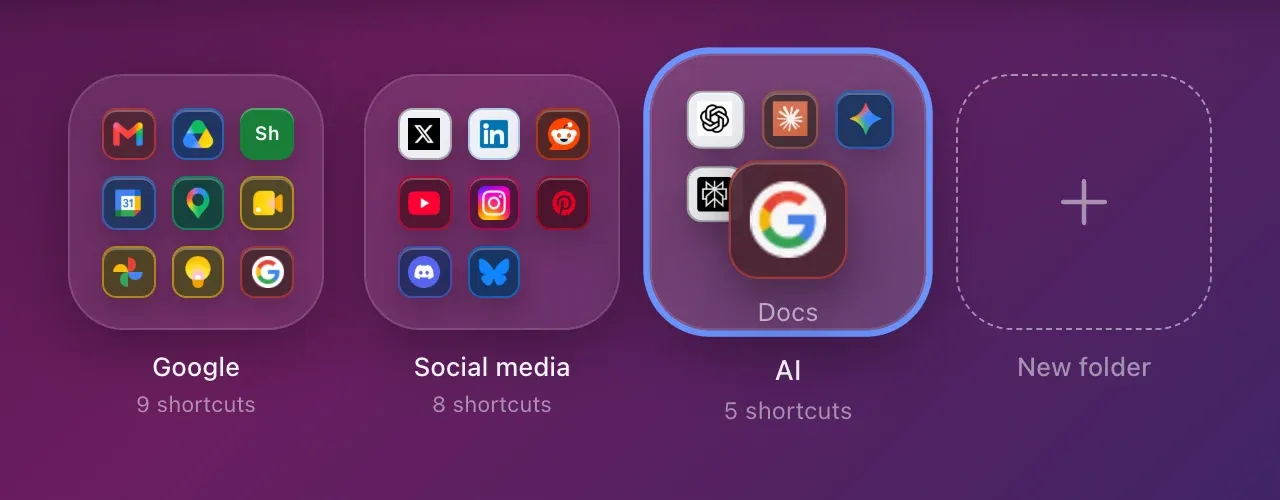 The Docs shortcut taken out of the Google folder, still in hand, above the AI folder, which lights up to take it.