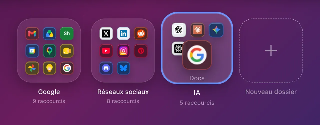 Le raccourci Docs sorti du dossier Google, encore en main, au-dessus du dossier IA qui s’éclaire pour l’accueillir.