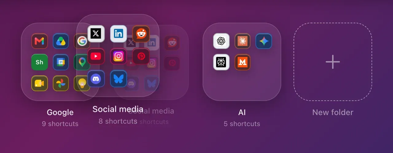 The Social media folder in hand, above the spot where it will land, shown in transparency: the AI folder has already moved aside to make room.