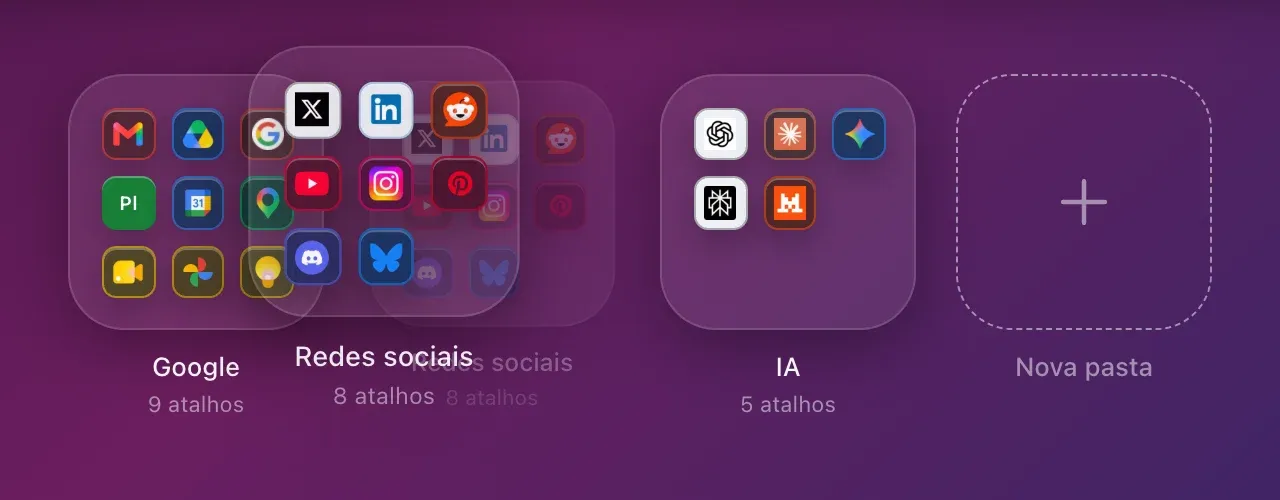 A pasta Redes sociais na mão, sobre o lugar onde vai cair, marcado em transparência: a pasta IA já se afastou para abrir espaço.
